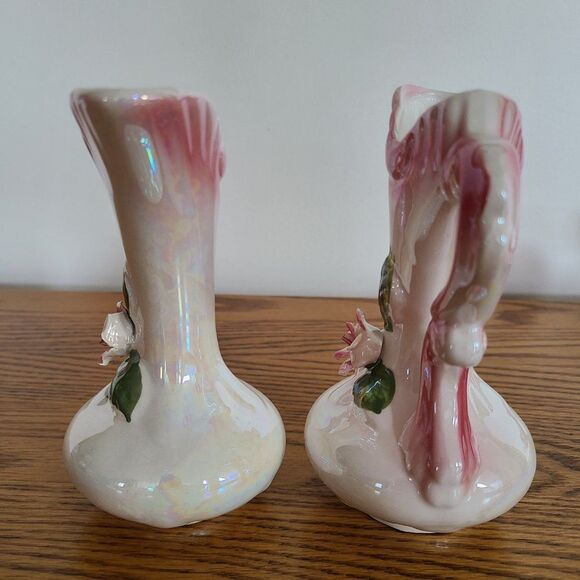 Three Piece Iridescent Lusterware Pink Bud Vase Set 3-D Capodimonte Flowers - Picture 14 of 15